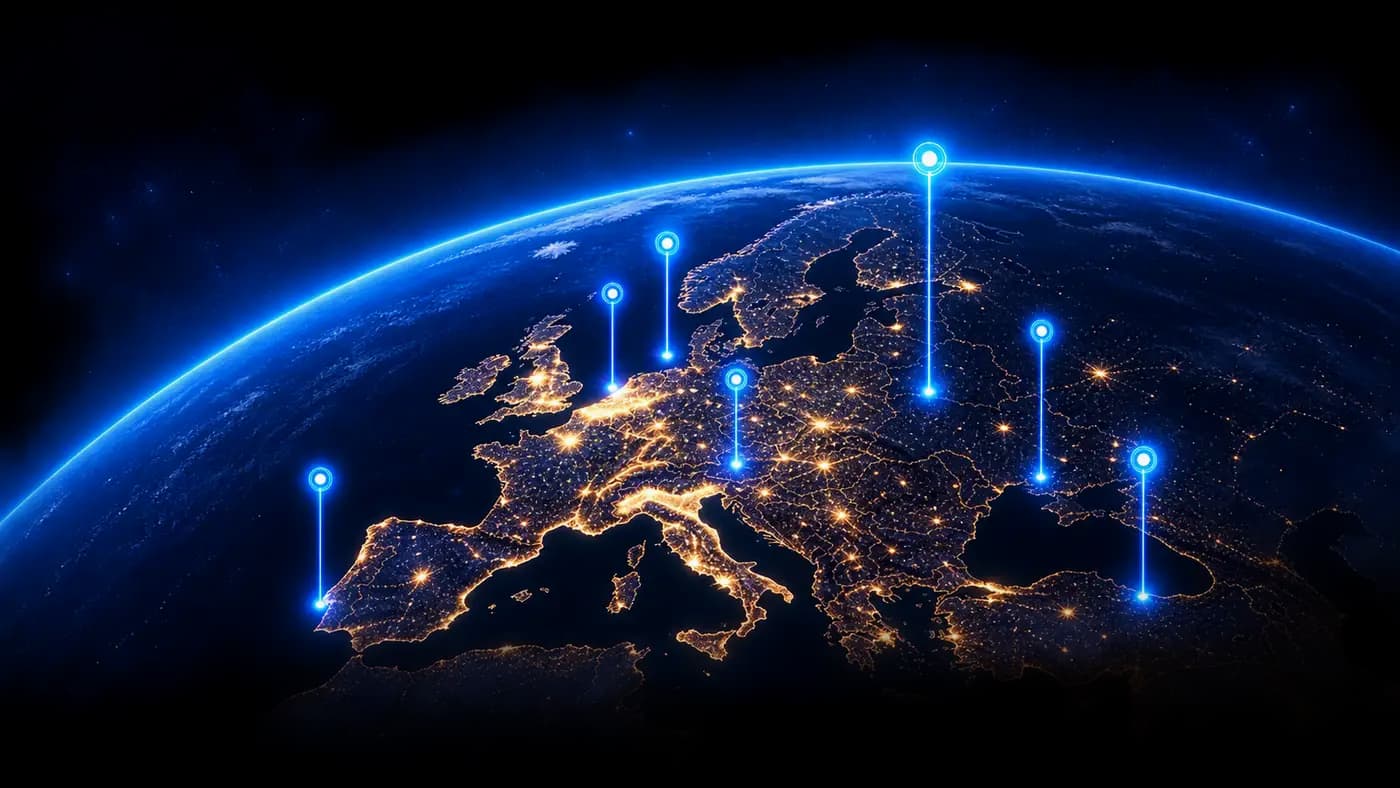 Europa vanuit de ruimte bij nacht, met markeringen boven de steden