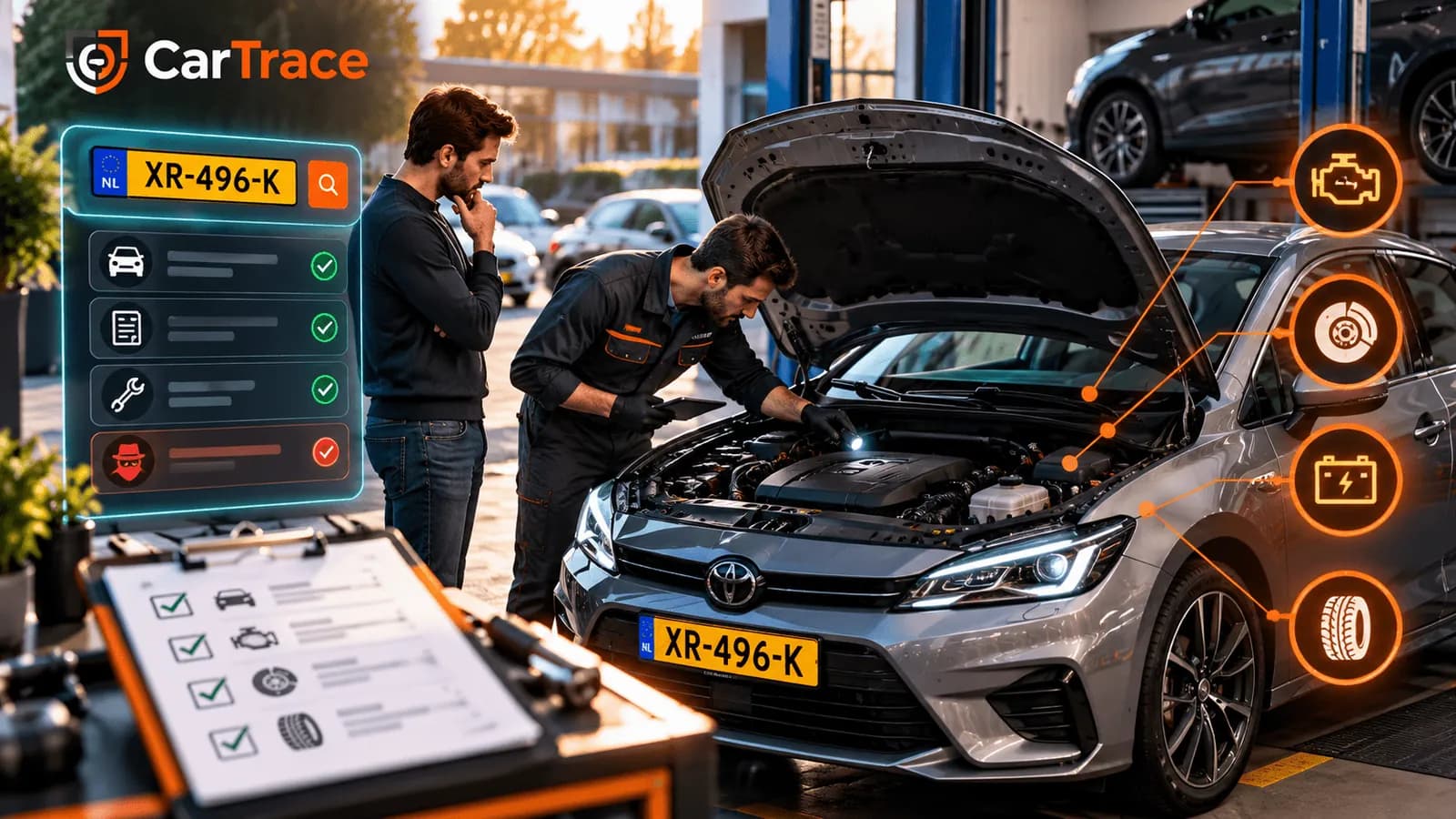 Een monteur controleert met een zaklamp de motor van een grijze auto met kenteken XR-496-K terwijl de koper meekijkt. Links een CarTrace-kentekencheck met voertuiggegevens, papieren, onderhoud en de gestolen-check, rechts pictogrammen die naar motor, remmen, accu en banden wijzen.