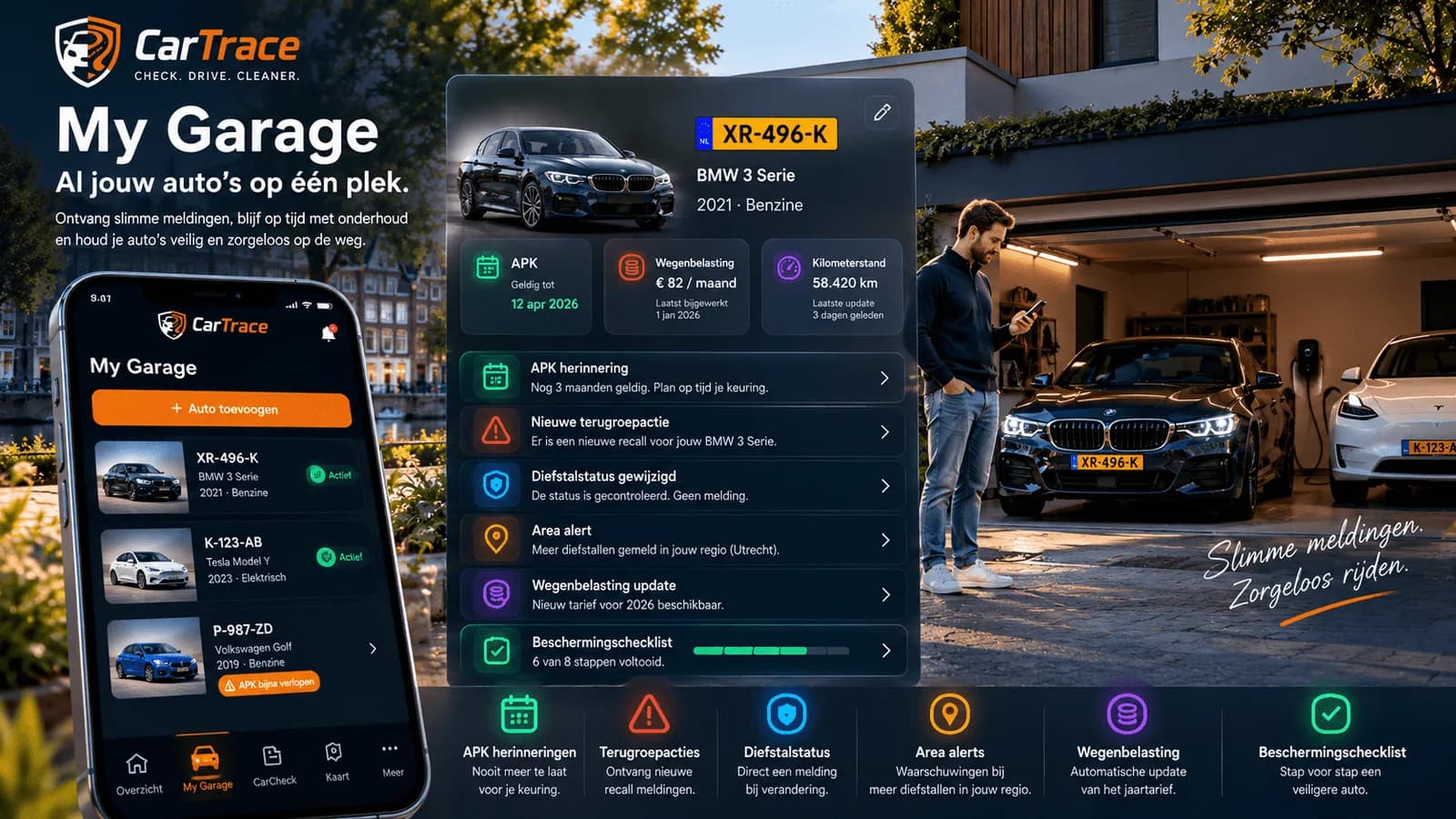 Illustratie van CarTrace Mijn Garage: een telefoon met opgeslagen auto's, een autokaart met APK-datum en kilometerstand en een rij meldingen, naast een bestuurder voor zijn garage