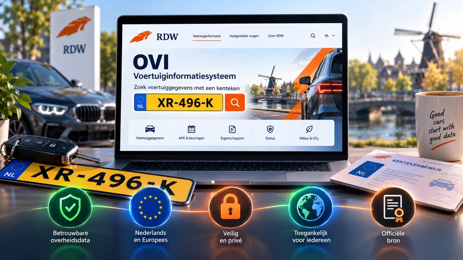 Laptop met het OVI-voertuiginformatiesysteem van de RDW op het scherm, met een Nederlands kenteken, een autosleutel en een kentekenbewijs op het bureau