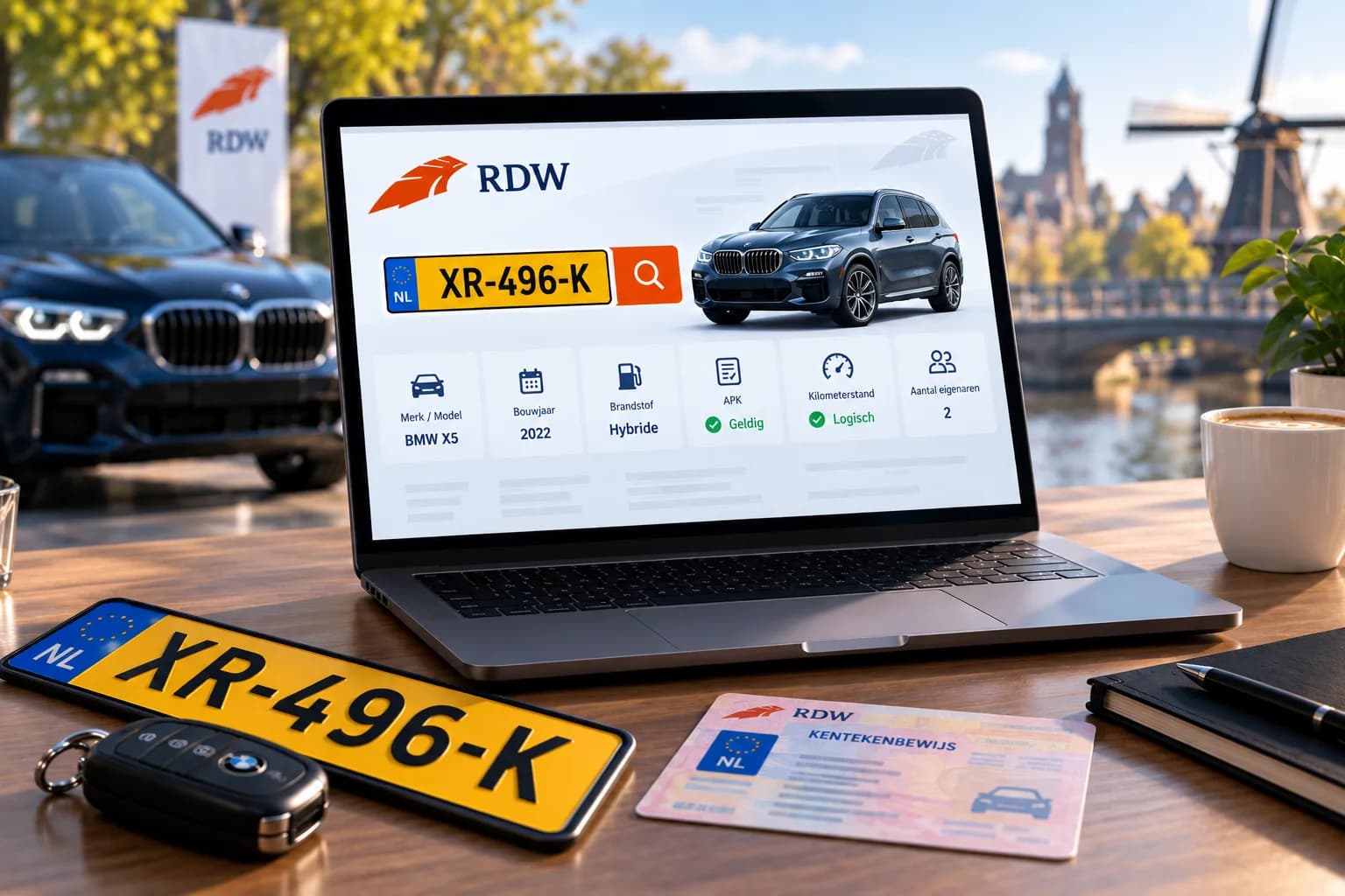 Laptop met een kentekencheck op het scherm, autosleutels en een kentekenbewijs op het bureau