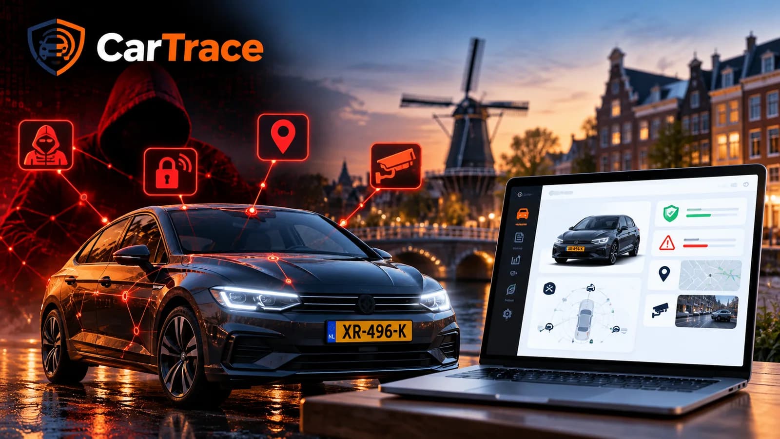 Een donkere auto aan een Amsterdamse gracht, verbonden met rode pictogrammen voor een hacker, slot, locatie en camera, naast een laptop met het CarTrace-dashboard