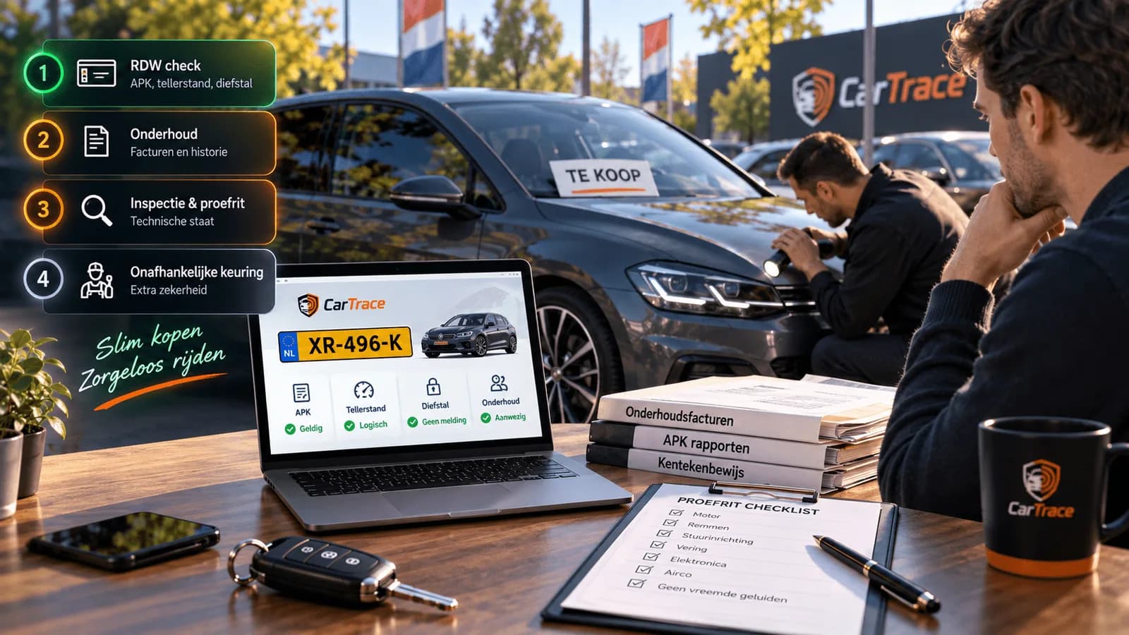 Checklist voor het controleren van een tweedehands auto, met kentekenbewijs en onderhoudsboekje