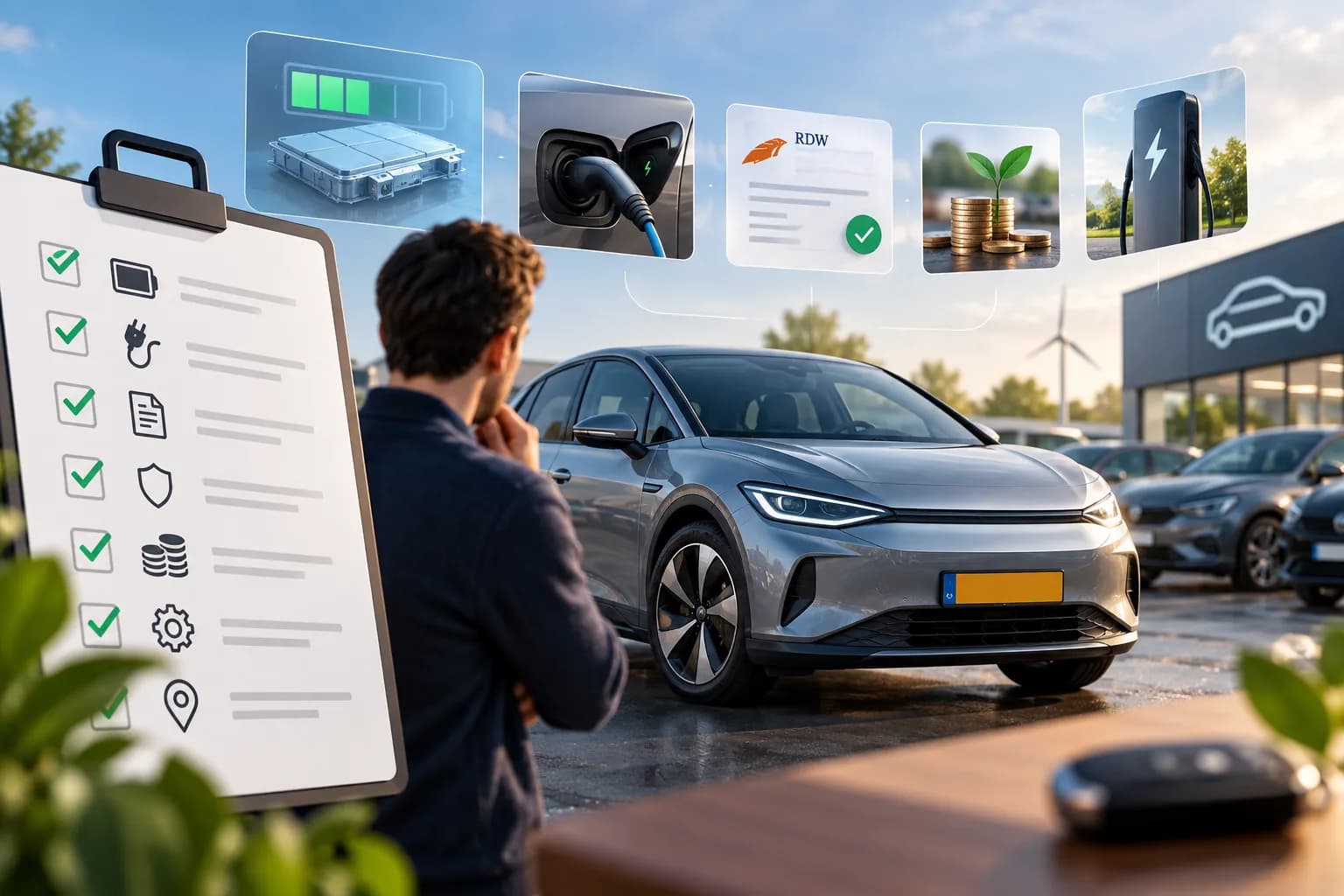 Accupakket van een elektrische auto met een State of Health-meter op 91 procent