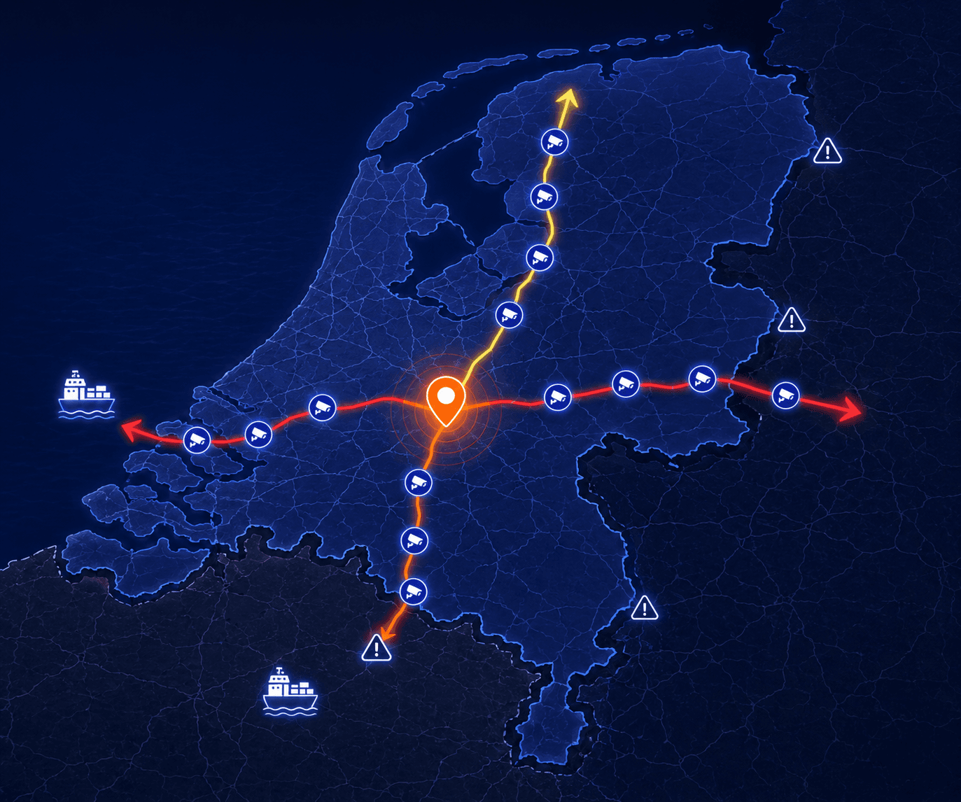 Vluchtroutes vanaf een diefstallocatie door Nederland, met cameraclusters langs elke route naar de havens en de Duitse grens