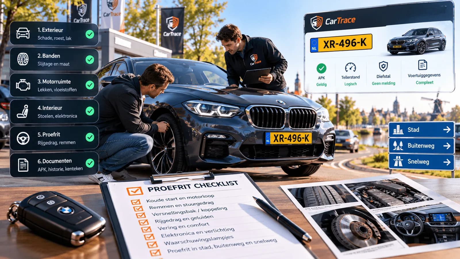 Twee mannen inspecteren een donkere BMW met een proefritchecklist, naast een CarTrace-kentekencheck die de APK als geldig, de tellerstand als logisch, geen diefstalmelding en complete voertuiggegevens toont